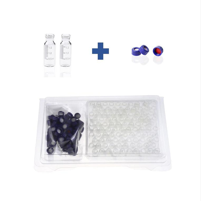 2mL Clear Glass 12×32mm Flat Base 9-425 Screw Thread Vial with Label. Blue 9-425 Open Top Ribbed Screw Cap with 9mm Red PTFE/White Silicone Septa 1mm Thick. Kit Packing. 100pcs/pk, 50pk/case.