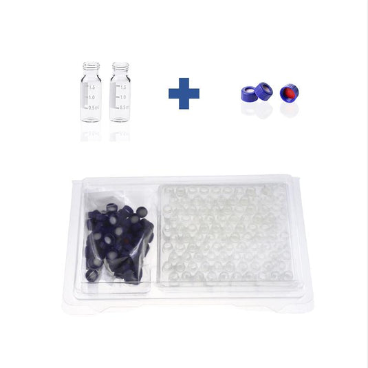 2mL Clear Glass 12×32mm Flat Base 9-425 Screw Thread Vial with Label. Blue 9-425 Open Top Ribbed Screw Cap with 9mm Red PTFE/White Silicone Septa 1mm Thick. Kit Packing. 100pcs/pk, 50pk/case.