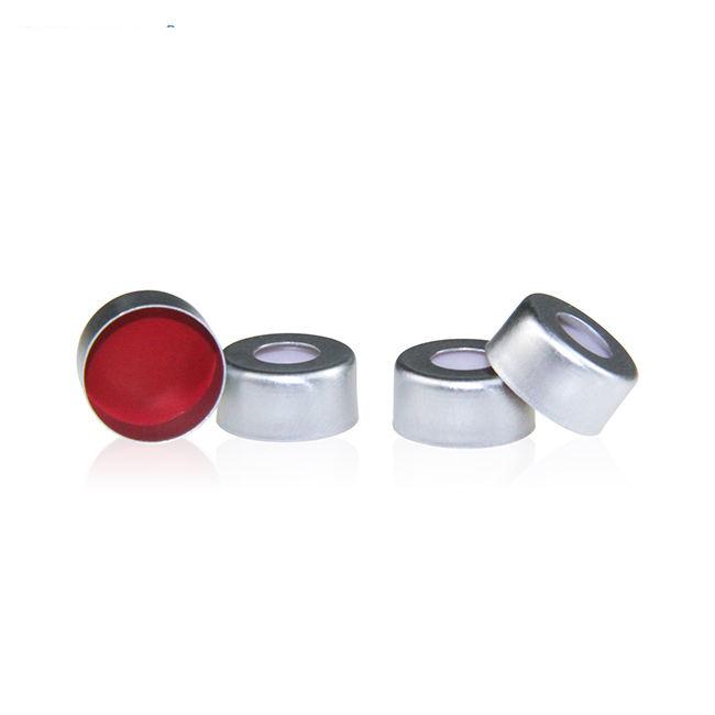 Silver 11mm Open Top Crimp Cap with Red PTFE/ White Silicone Septa 1mm Thick. 100pcs/pk, 50pk/case.