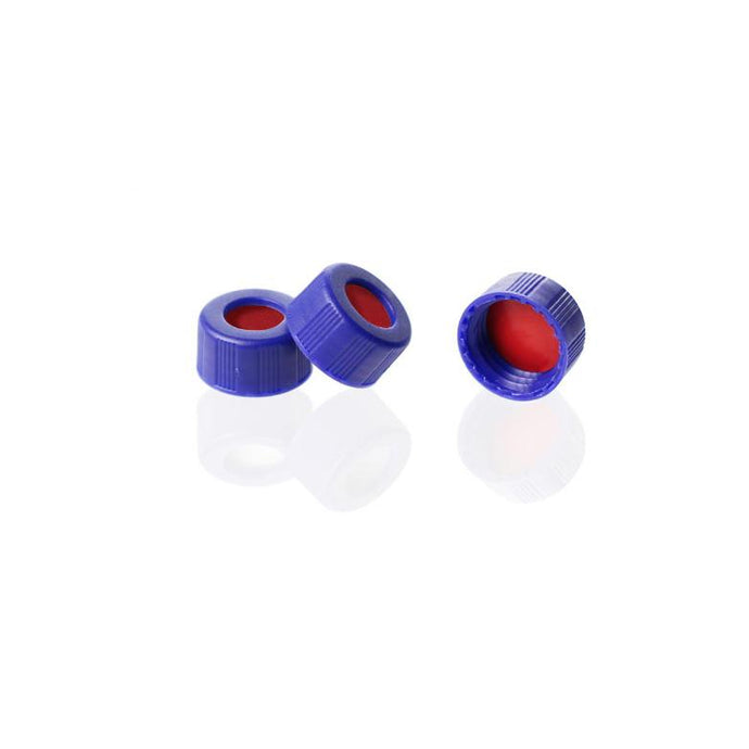 9-425 Blue Open Top Ribbed Screw Cap with 9 mm Red PTFE/White Silicone /Red PTFE Septa 1.0mm Thick. 100pcs/pk, 50pk/case.