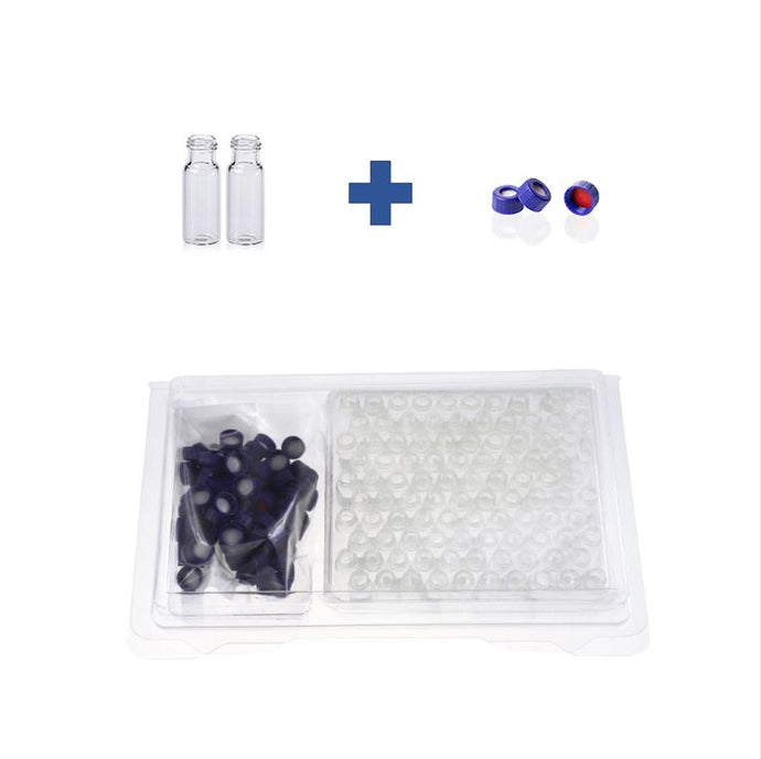2mL Clear Glass 12×32mm Flat Base 9-425 Screw Thread Vial. Blue 9-425 Open Top Ribbed Screw Cap with 9mm Red PTFE/White Silicone Septa 1mm Thick. Kit Packing. 100pcs/pk, 50pk/case.