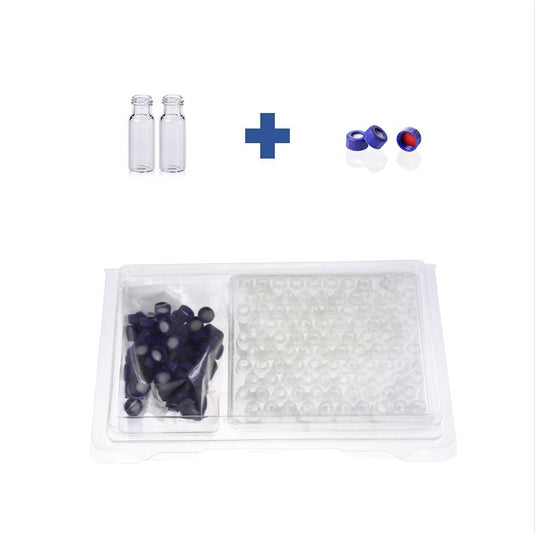 2mL Clear Glass 12×32mm Flat Base 9-425 Screw Thread Vial. Blue 9-425 Open Top Ribbed Screw Cap with 9mm Red PTFE/White Silicone Septa 1mm Thick. Kit Packing. 100pcs/pk, 50pk/case.