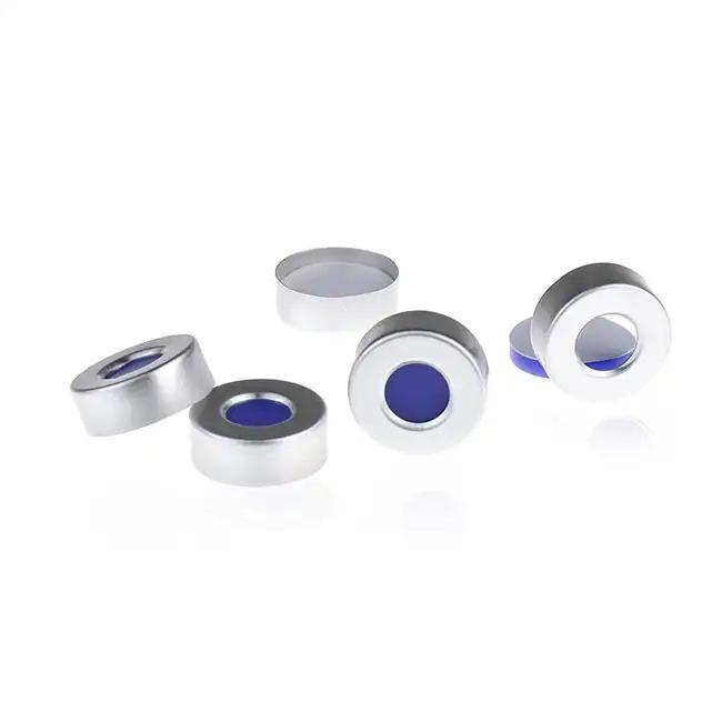 20mm Open Top Aluminum Crimp Cap (10mm hole) with 20mm White PTFE/Blue Silicone Septa 3mm Thick. 100pcs/pk, 30pk/case.