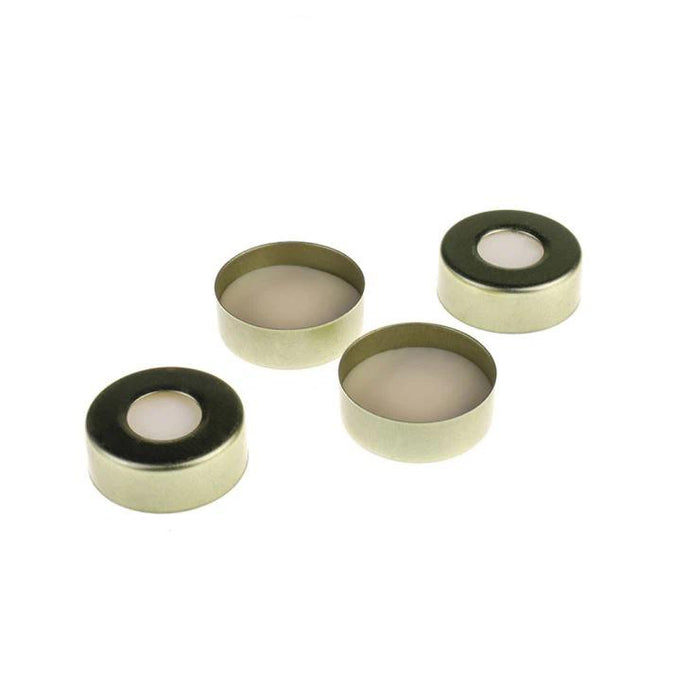 20mm Open Top Gold Magnetic Crimp Cap (10mm hole) with 20mm Natural PTFE/White Silicone Septa 3mm Thick. 100pcs/pk, 30pk/case.