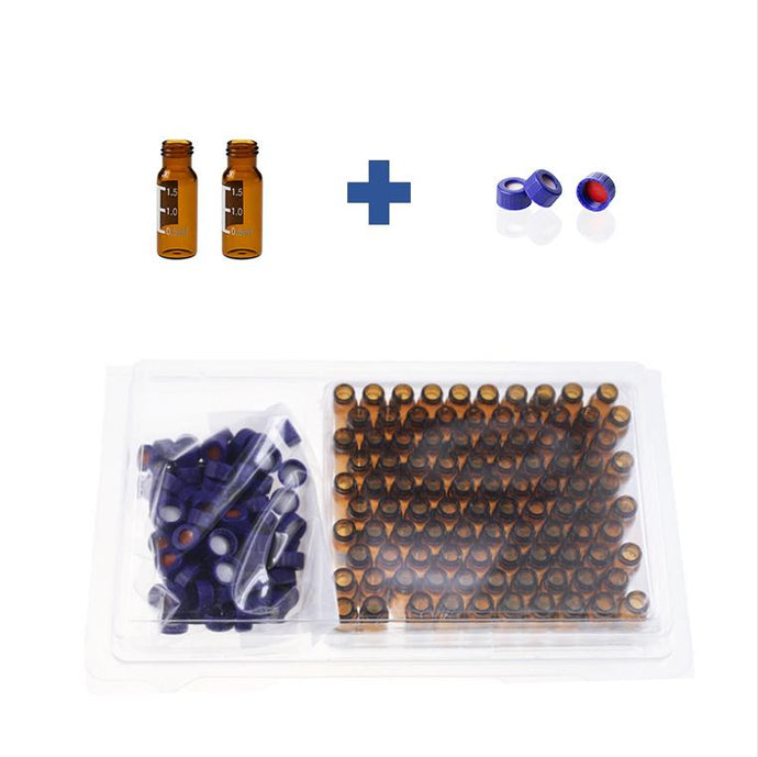 2mL Amber Glass 12×32mm Flat Base 9-425 Screw Thread Vial with Label. Blue 9-425 Open Top Ribbed Screw Cap with 9mm Red PTFE/White Silicone Septa 1mm Thick. Kit Packing. 100pcs/pk, 50pk/case.