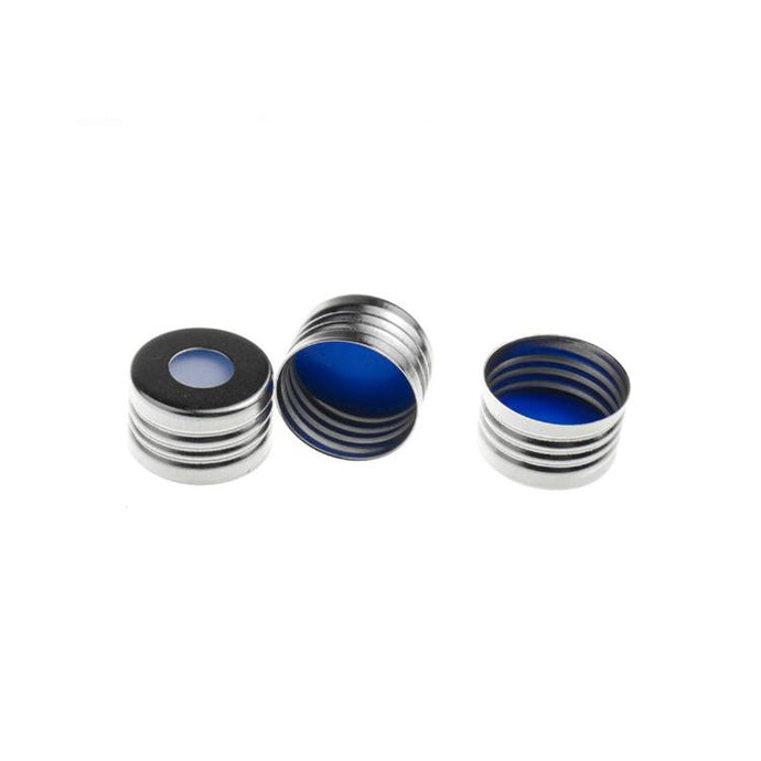 18mm Silver Color Open Top Metal Cap (8mm hole) with 17.5mm Blue PTFE/White Silicone Septa 1.5mm Thick. 100 pcs/pk, 30pk/case.