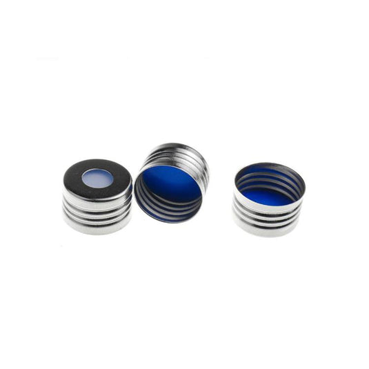 18mm Silver Color Open Top Metal Cap (8mm hole) with 17.5mm Blue PTFE/White Silicone Septa 1.5mm Thick. 100 pcs/pk, 30pk/case.