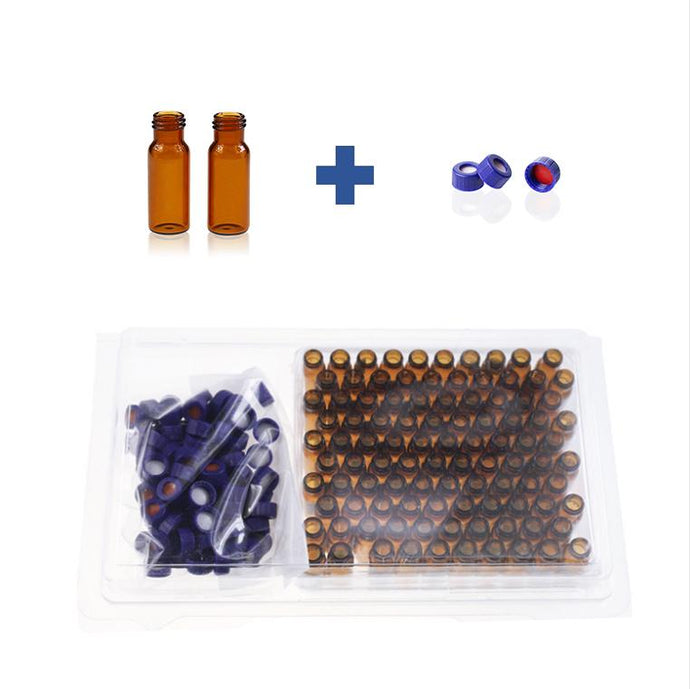 2mL Amber Glass 12×32mm Flat Base 9-425 Screw Thread Vial. Blue 9-425 Open Top Ribbed Screw Cap with 9mm Red PTFE/White Silicone Septa 1mm Thick. Kit Packing. 100pcs/pk, 50pk/case.