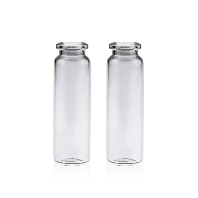 20mL Clear Glass 22.5×75mm Crimp Headspace Vial. 20mm Beveled Edge. Rounded-flat Bottom. Short Neck. 100pcs/pk, 30pk/case.