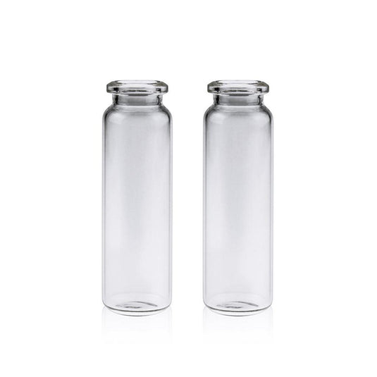 20mL Clear Glass 22.5×75mm Crimp Headspace Vial. 20mm Beveled Edge. Rounded-flat Bottom. Short Neck. 100pcs/pk, 30pk/case.