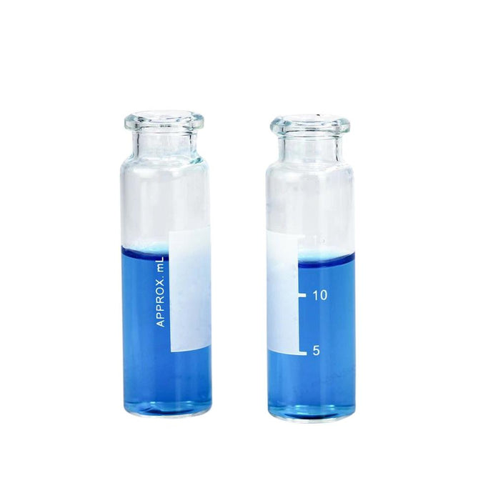 20mL Clear Glass 22.5×75mm Crimp Headspace Vial with Writing Spot with Scale. 20mm Beveled Edge. Flat Bottom. 100pcs/pk, 30pk/case.