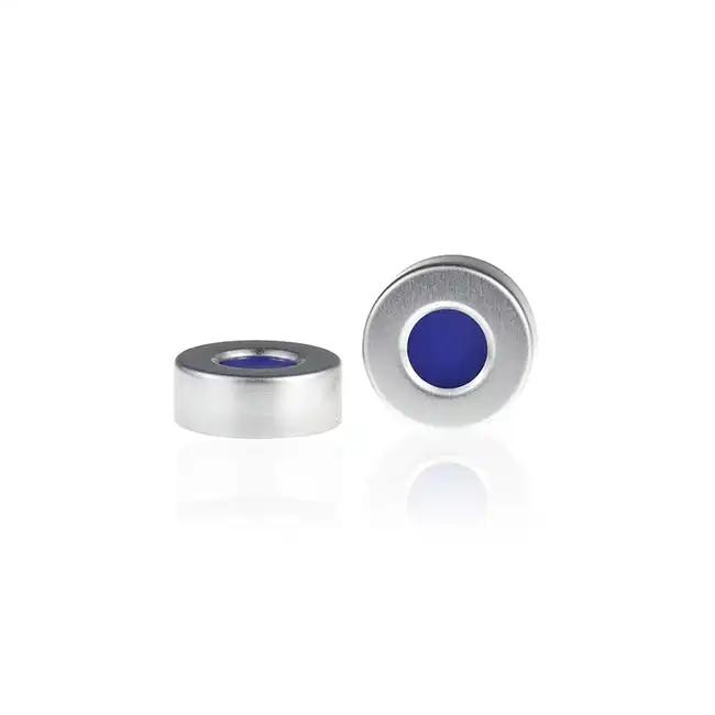 20mm Open Top Aluminum Crimp Cap (10mm hole) with 20mm Natural PTFE/Blue Silicone Septa 3mm Thick. 100pcs/pk, 30pk/case.