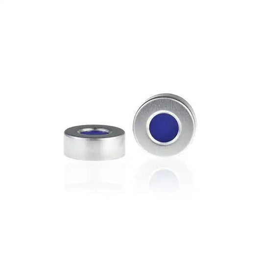20mm Open Top Aluminum Crimp Cap (10mm hole) with 20mm Natural PTFE/Blue Silicone Septa 3mm Thick. 100pcs/pk, 30pk/case.