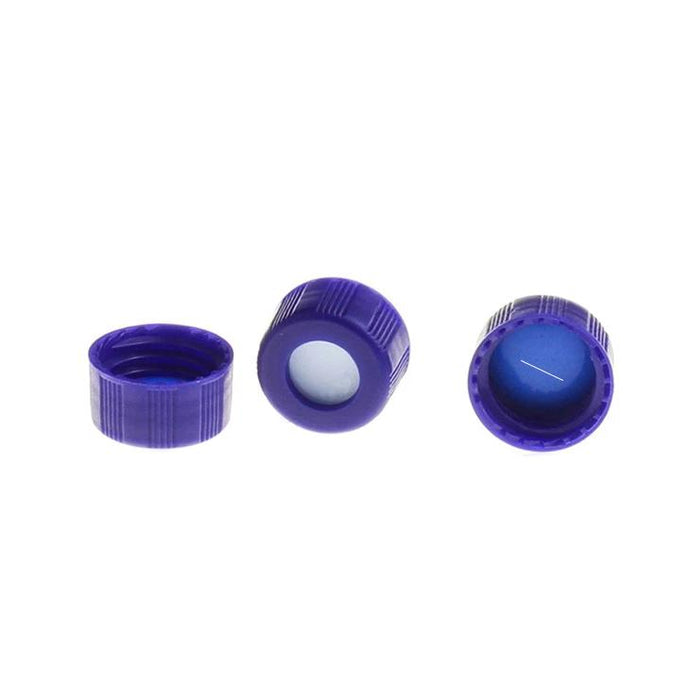9-425 Blue Open Top Ribbed Screw Cap with 9 mm Blue PTFE/White Silicone Septa 1.0mm Thick Pre-Slit. 100pcs/pk, 50pk/case.