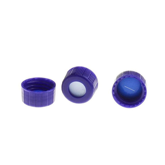 9-425 Blue Open Top Ribbed Screw Cap with 9 mm Blue PTFE/White Silicone Septa 1.0mm Thick Pre-Slit. 100pcs/pk, 50pk/case.