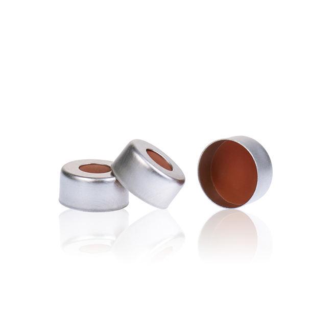 Silver 11mm Open Top Crimp Cap with Transparent TEF/Natural Rubber red-orange Septa 1mm Thick. 100pcs/pk, 50pk/case.