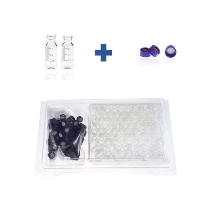 2mL Clear Glass 12×32mm Flat Base 9-425 Screw Thread Vial with Label. Blue 9-425 Open Top Ribbed Screw Cap with 9mm White PTFE/Red Silicone Septa 1mm Thick PRE-SLIT. Kit Packing. 100pcs/pk, 50pk/case.