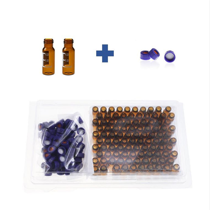 2mL Amber Glass 12×32mm Flat Base 9-425 Screw Thread Vial with Label. Blue 9-425 Open Top Ribbed Screw Cap with 9mm White PTFE/Red Silicone Septa 1mm Thick. Kit Packing. 100pcs/pk, 50pk/case.