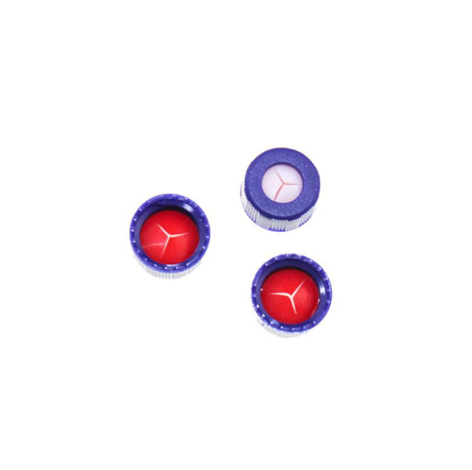 9-425 Blue Open Top Ribbed Screw Cap with 9 mm Red PTFE/White Silicone Septa 1.0mm Thick Pre-Slit(Mercedes Shape). 100pcs/pk, 50pk/case.