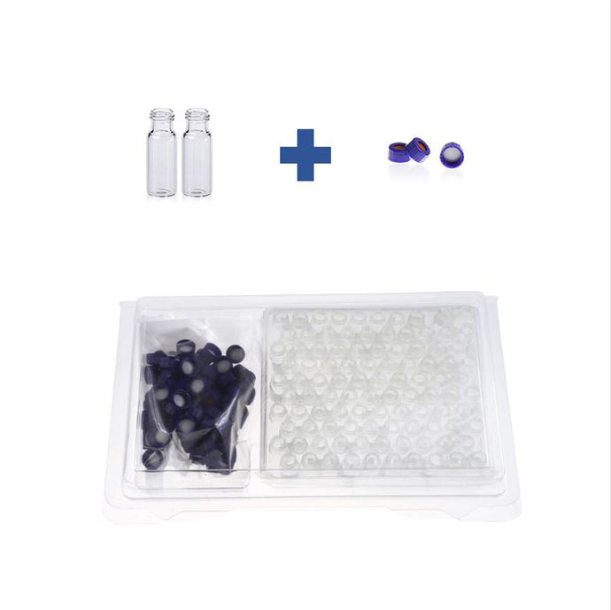 2mL Clear Glass 12×32mm Flat Base 9-425 Screw Thread Vial. Blue 9-425 Open Top Ribbed Screw Cap with 9mm White PTFE/Red Silicone Septa 1mm Thick. Kit Packing. 100pcs/pk, 50pk/case.