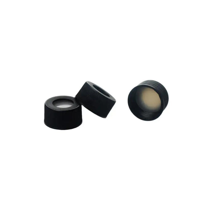 24-400 Black Open Top PP Screw Cap with 22mm Natural PTFE/Natural Silicone Septa 3mm Thick. 100pcs/pk, 20pk/case.